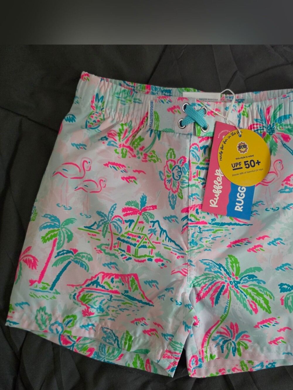 RUGG Kids Tropical Print Swim Trunks in White with Neon Accents